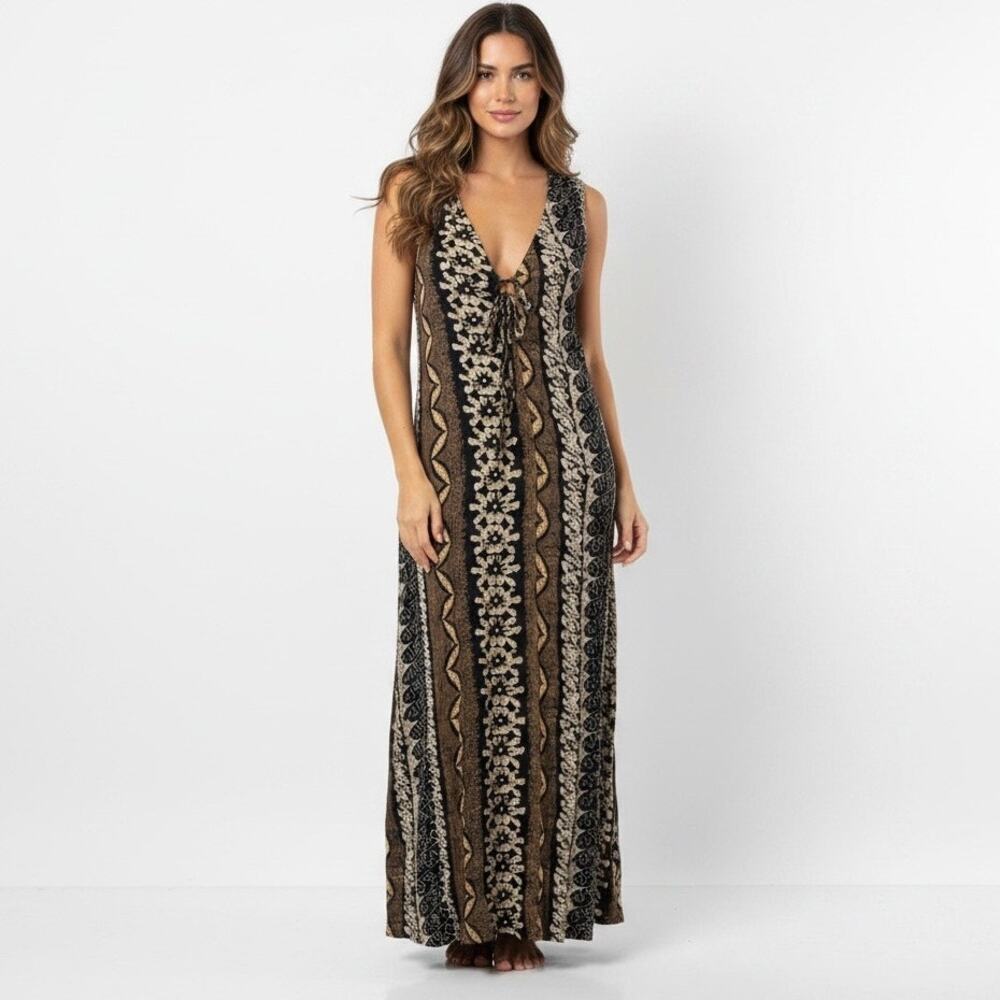 Vintage Maxi Dress Tribal Abstract Large Deep V Neck Boho Indie Vacation Summer